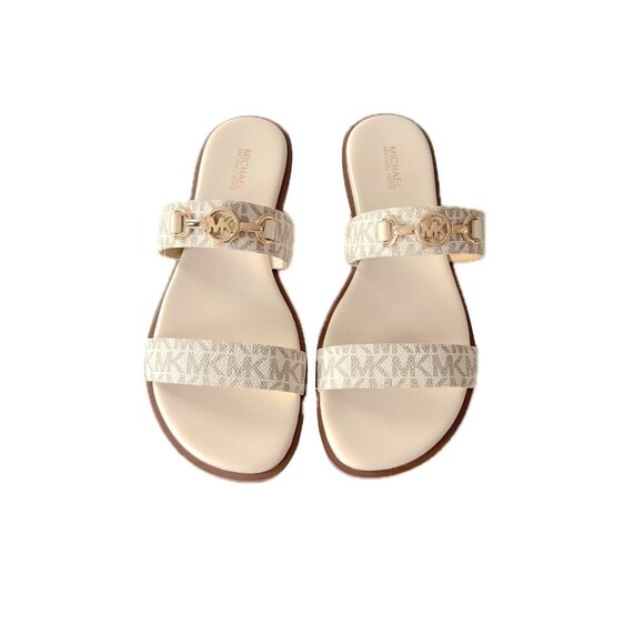 SOLD Michael Kors Wm Sz 8 SlipOn Flat Sandal Ivory Tan Logo Leather Gold Logo - Picture 3 of 14